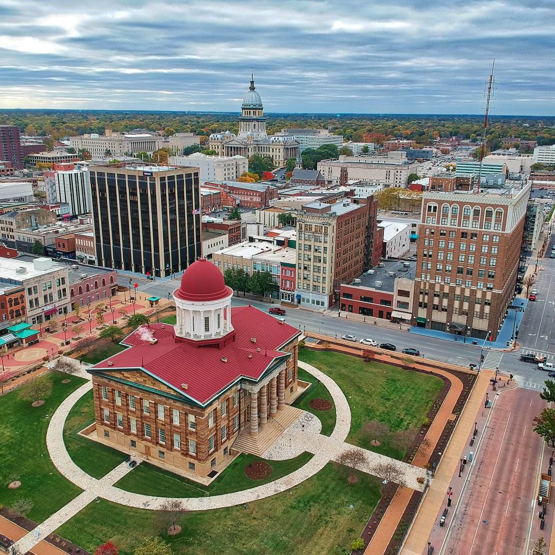 Aerial View of Downtown Springfield and Capitol Buildings